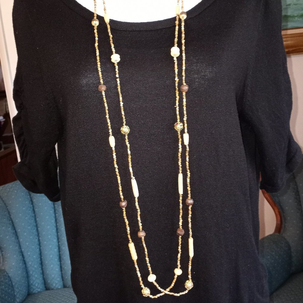 Two Strand Necklace Bone Maroon Green Gold Silver EUC 46" Necklace-Item #90